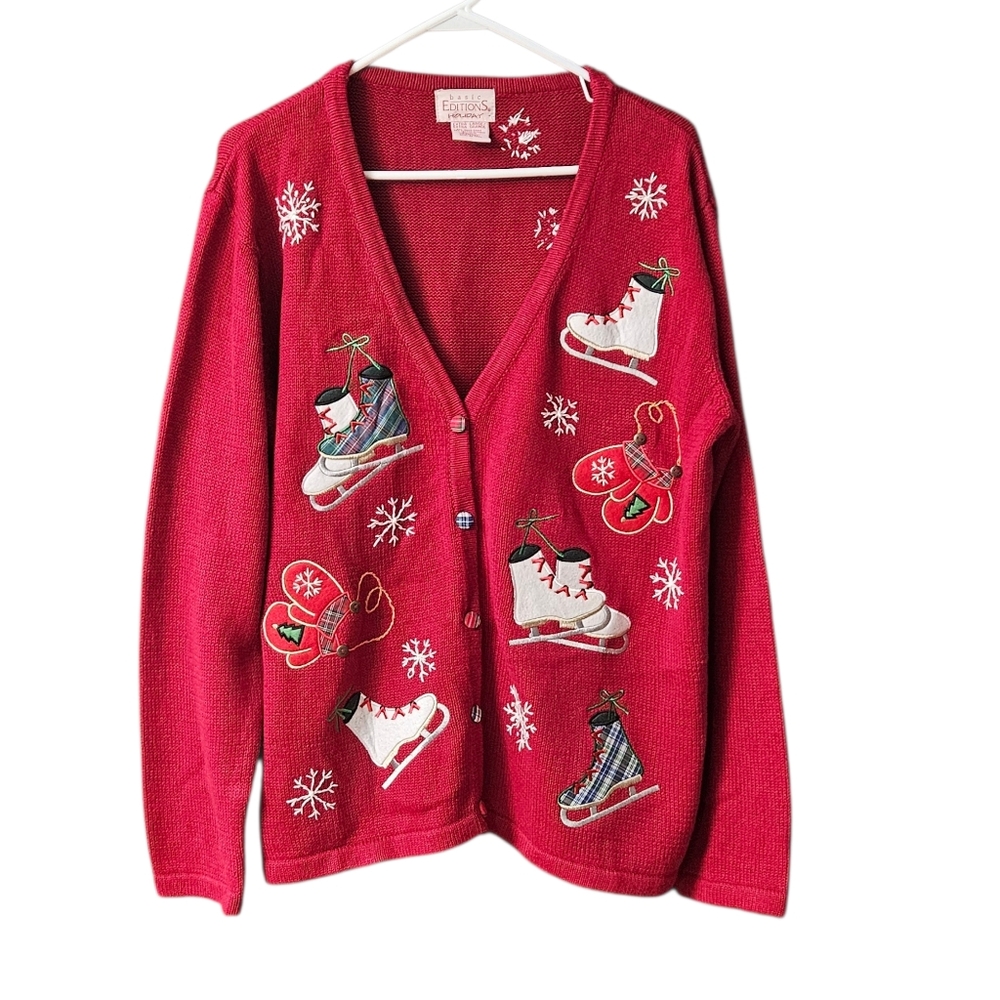 Basic Editions Women's Holiday Cardigan Size XL Front Back Design Skates Mittens